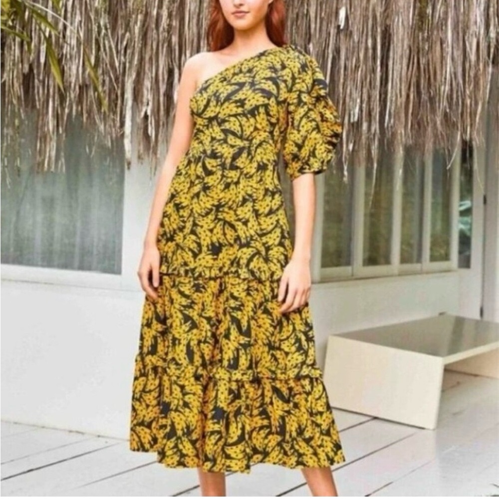 FARM Rio Yellow and Black One-Shoulder Dress